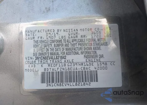 2020 Nissan Versa Sv Xtronic Cvt из США, поврежденный, VIN 3N1CN8EV4LL821842